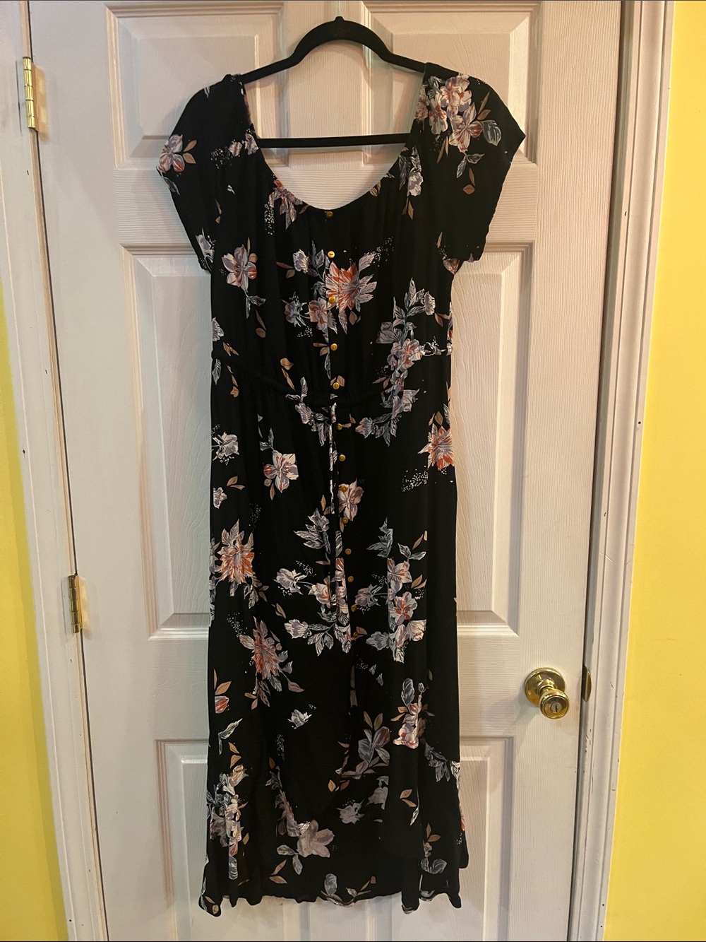 Black Floral High Low Dress with Button Front